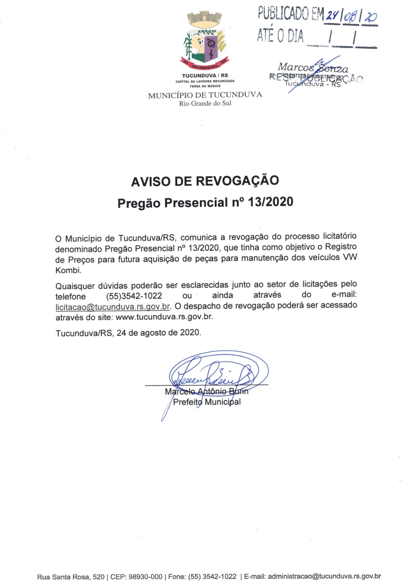 AVISO DE REVOGAÇÃO - PREGÃO PRESENCIAL Nº 13_2020